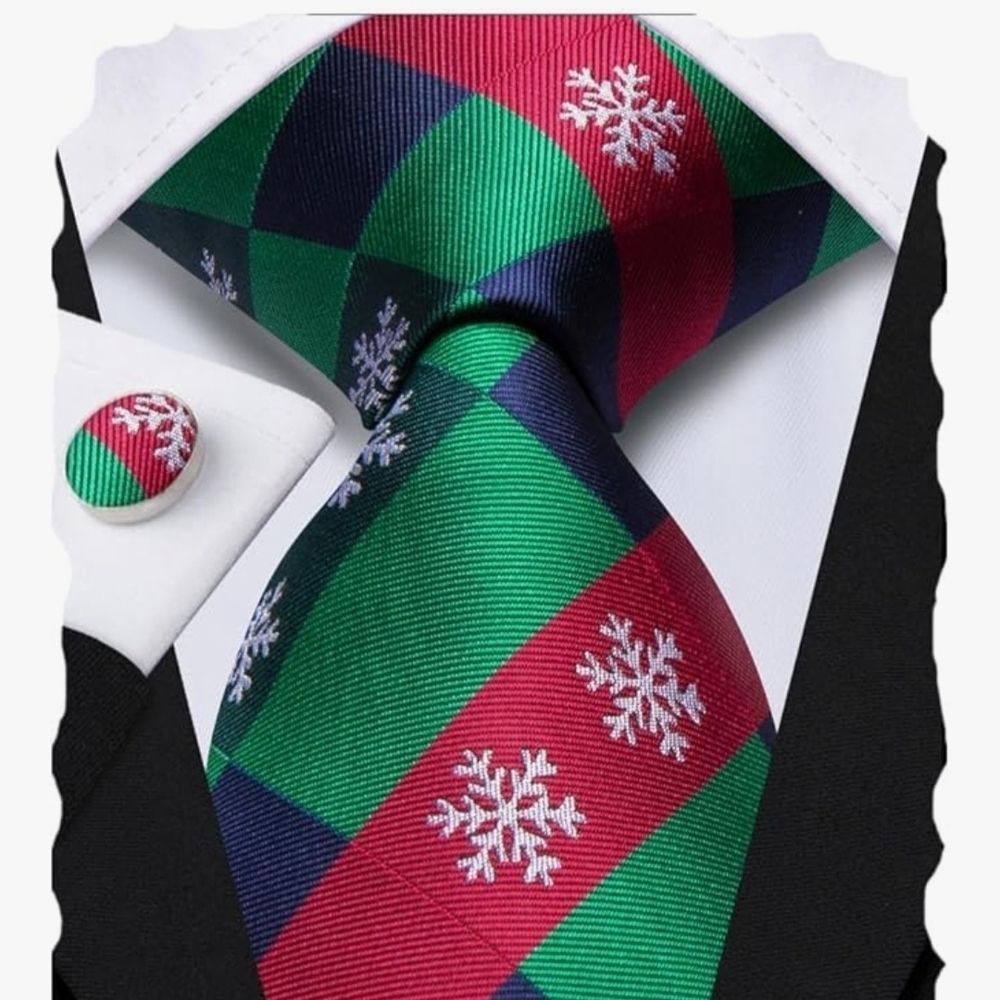 Festive Green and Red Checkered Tie with Snowflakes - Picture 1 of 2